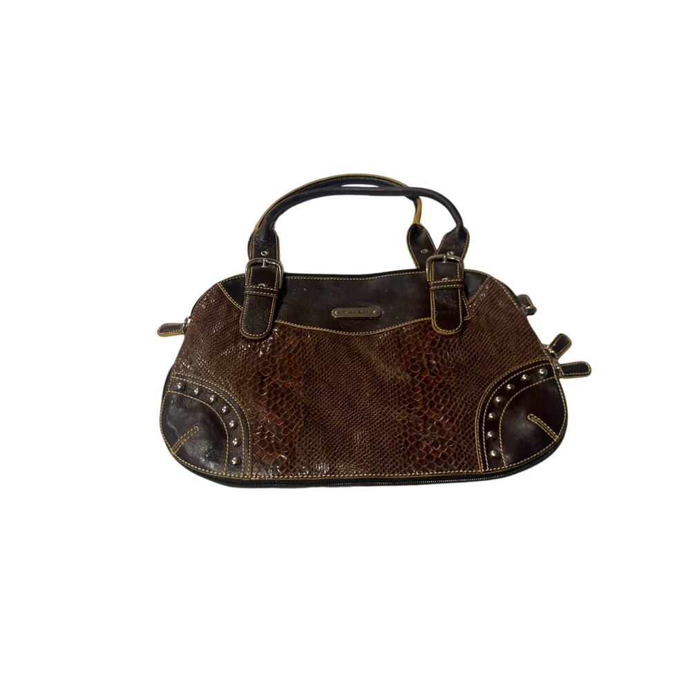 Sharif Brown Snake/Python Embossed Leather Satchel Studded Handbag Shoulder Bag